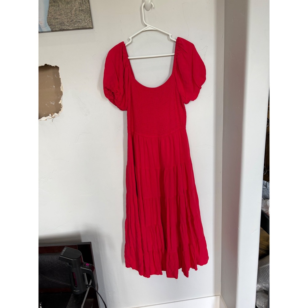 Zesica Womens Red Smocked Midi Dress Puff Sleeve Tiered Rayon Boho Summer Medium
